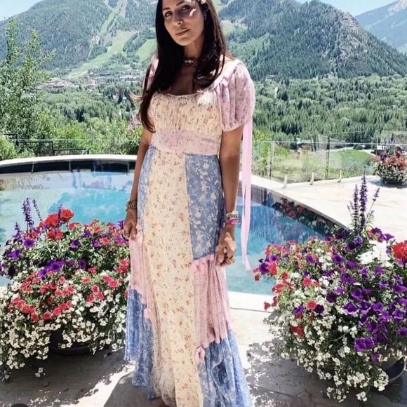 Floral Chiffon Multi-Color Square Neck Puff Sleeve Maxi Dress - Picture 13 of 16